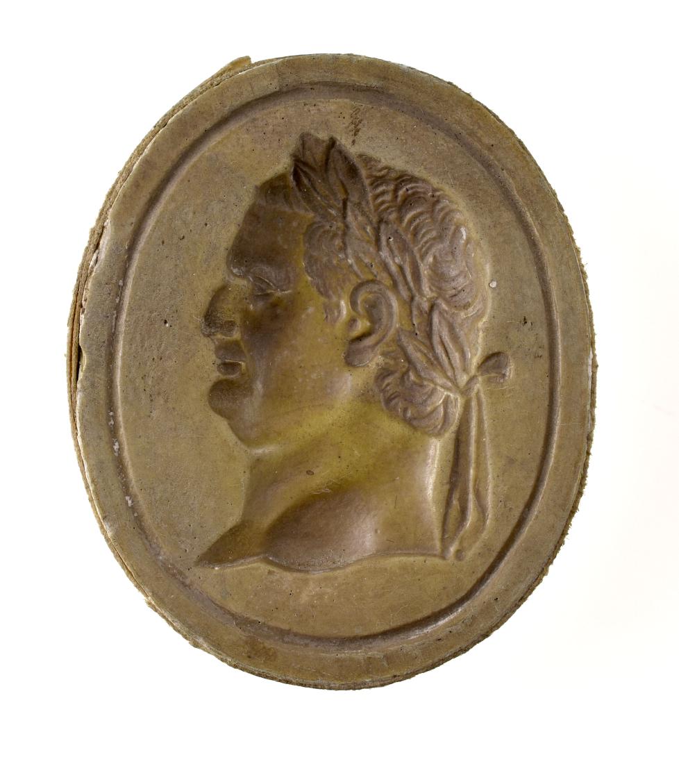 Large Roman Emperor Vespasian Plaster Intaglio: Italian. Grand Tour. Mid 1800's. Extremely heavy and very glossy. Looks and feels more like polished stone than plaster. Probably shellaced decades ago. Vespasian was Roman Emperor from A.D. 69 to A.D