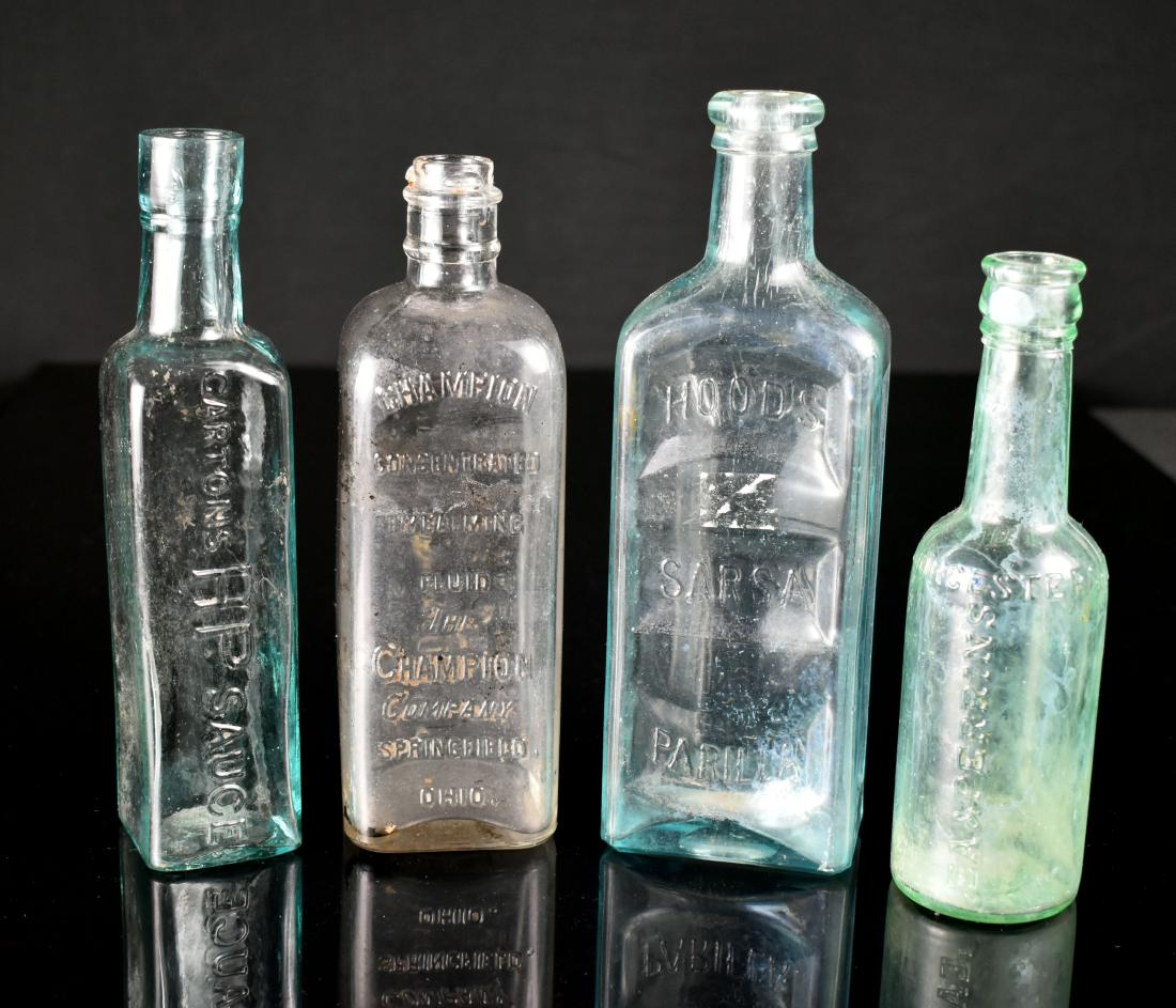 4 Nice Vintage Bottles: Worcestershire, OLLLLLD HP Sauce, Champion Concentrated Embalming Fluid, and a Hood's Sarsaparilla!! Nice!