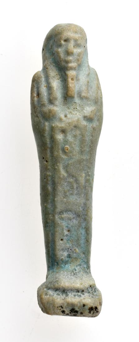 83.88mm TERRIFIC ANCIENT EGYPTIAN FAIENCE USHABTI - EX-: Ushabti. Great detail with fabulous manganese deposits. 26th Dynasty Egypt. Ex- Malter Galleries.
