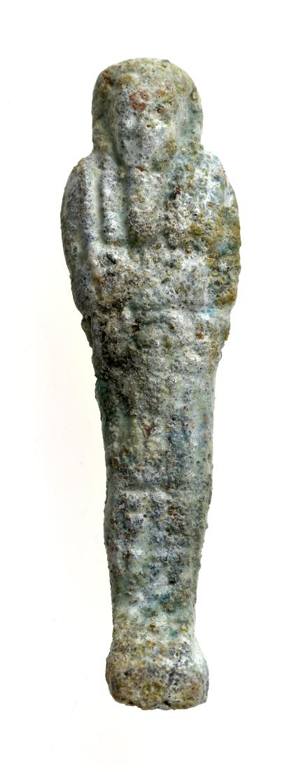 85mm Egyptian Faience Ushabti: Egypt. Faience Late Period example with glyphs, crook and flail. Ex- Malter.