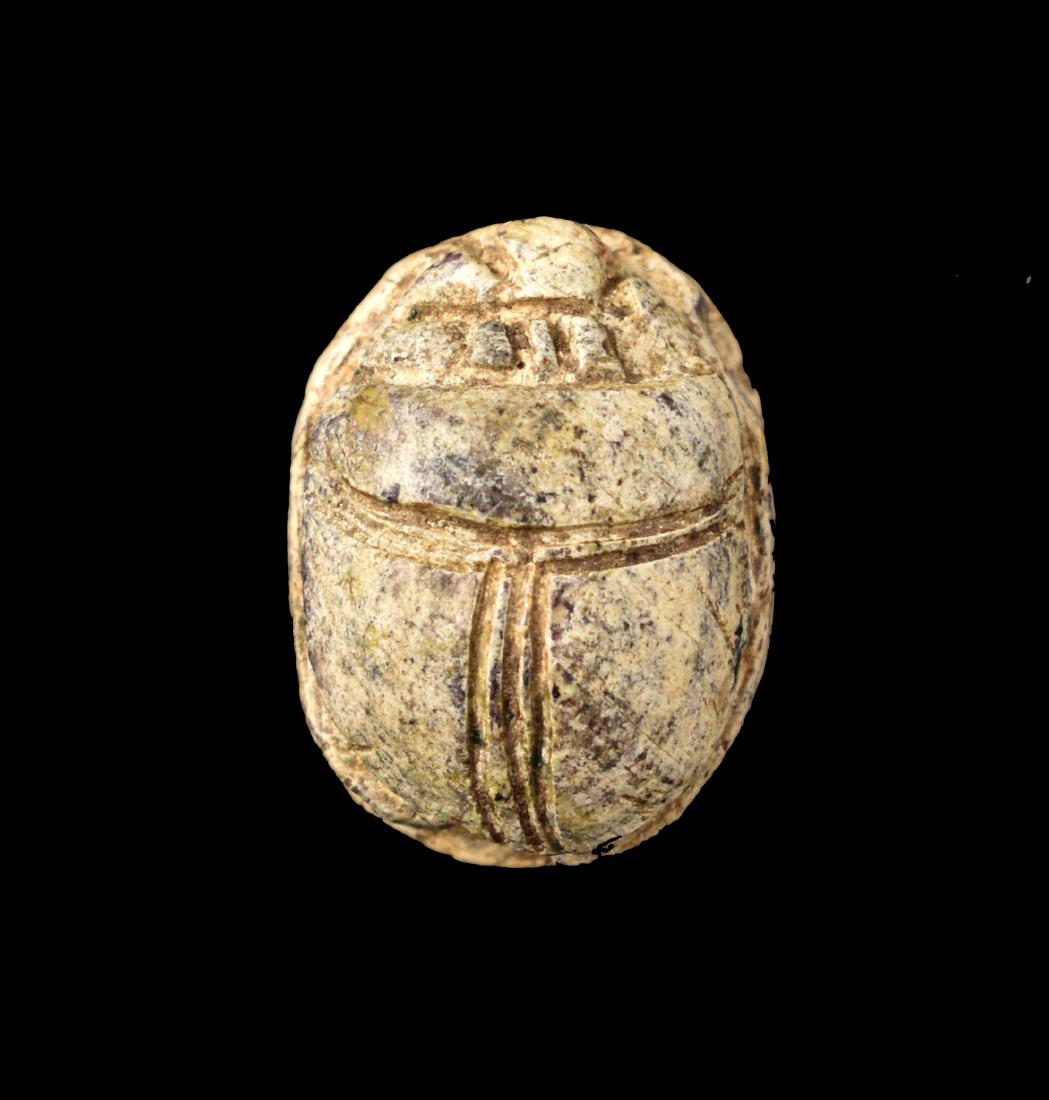 15.03mm ANCIENT EGYPTIAN FAIENCE SCARAB: Faience Scarab. Well patinated with bird glyphs. 664-332 B.C. Late Period Egypt.