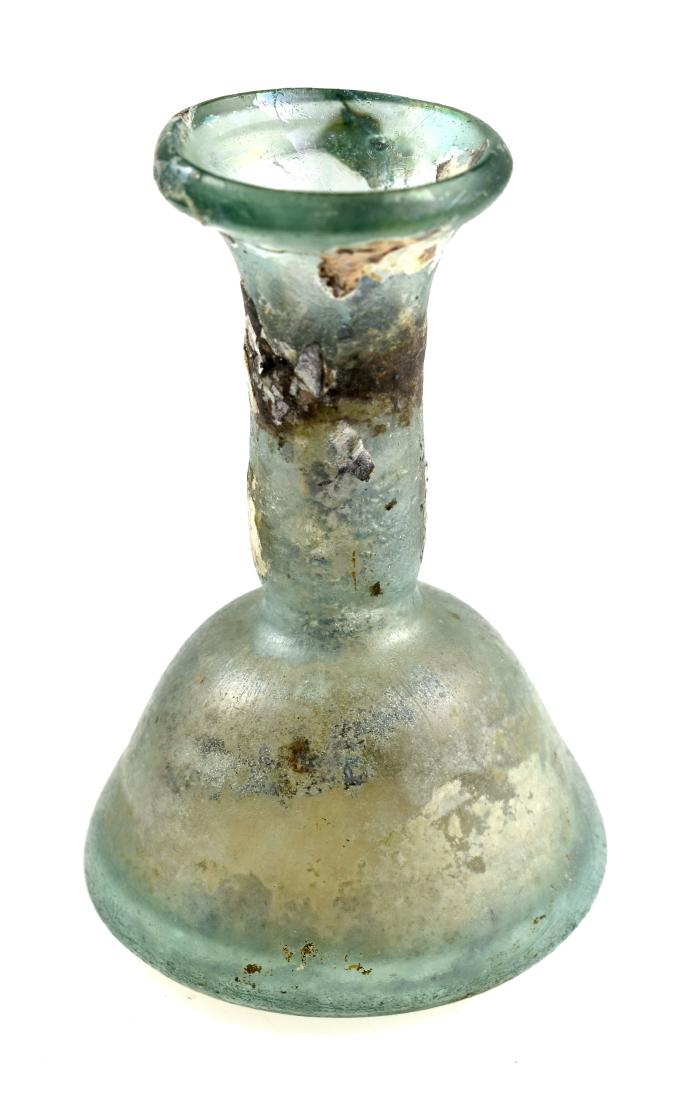 89mm Roman Glass Unguent Bottle: Nice pale blue piece from the 2nd cent. A.D.