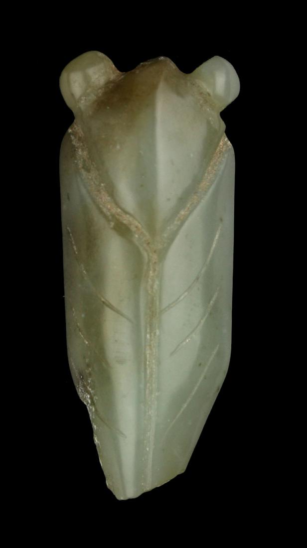 RARE ANCIENT CHINESE JADE CICADA KNOTPICKER: Old well patinated Jade with super translucency. Shang Dynasty (ca. 1000 B.C.). Drilled for suspension. There is an old break on the tip of the tail. Formerly of an old British collection. Measu