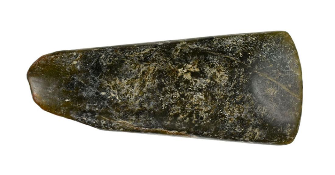 FINE CHINESE NEOLITHIC PERIOD JADE AXE: Jade Axe from the Neolithic Period in China. Slightly tapered example with flattened edges and a fine 'undamaged' bit. Made of pretty rich green translucent Spinach colored Nephrite Jade and features 