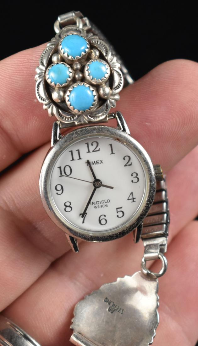 Robert Becenti Navajo Sterling Silver Watch buckles: Two sterling with turquoise inlay watch panels with steel band and timex watch. Could easily be moved to a different piece. Hallmarked 'RB' for listed Navajo Silversmith Robert Becenti.