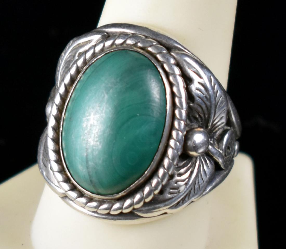 Vintage Southwestern Ring Sz 10: Nice ring with inlaid turquoise or malachite. Nice! Marked Sterling. 15.8grams.