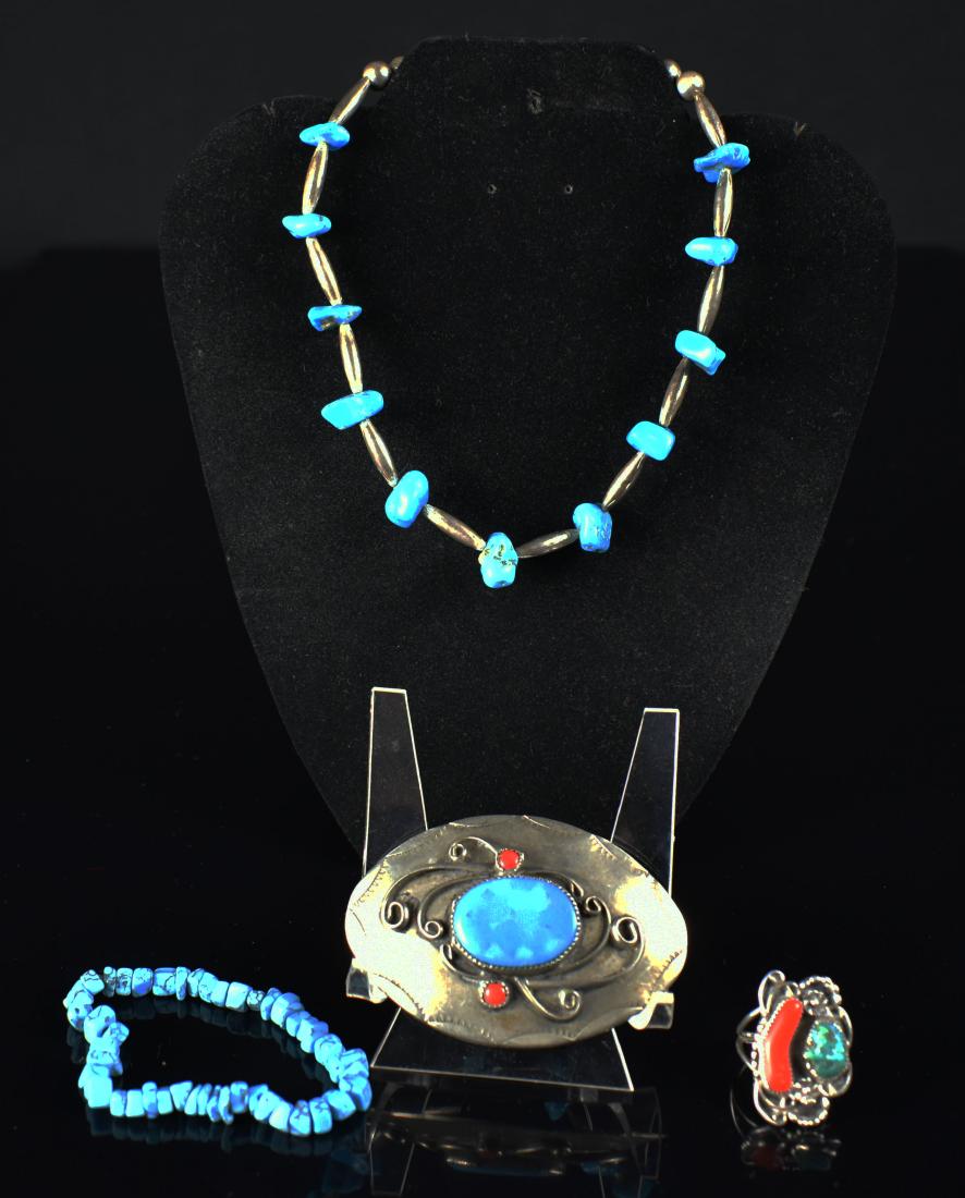 Lot of Southwestern Jewelry: Necklace, Bracelet, Ring, and Buckle/Concho. Nice assortment with unknown silver content.