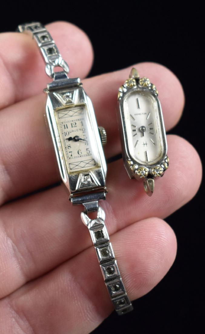 Pair of Vintage Gold Filled Watches: Gruen watch with 10k gold filled band with spinels, and Hamilton Watch Face with 10k RGP bezel.