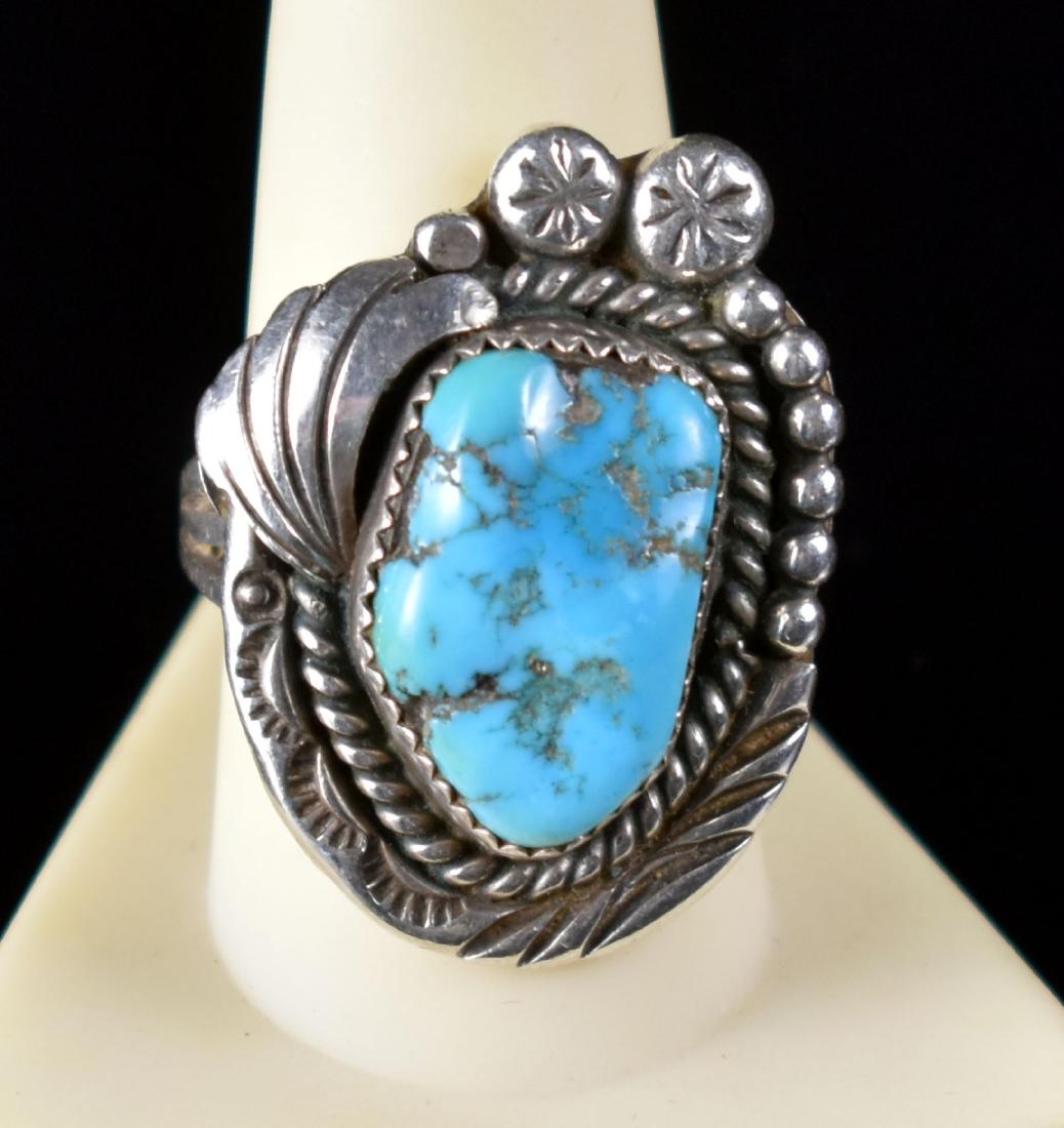 Vintage Robert Kelley Silver Ring Sz. 10: Nice Man's Ring with inlaid turquoise stone. Hallmarked 'ROBT KELLEY'. Silver content not marked