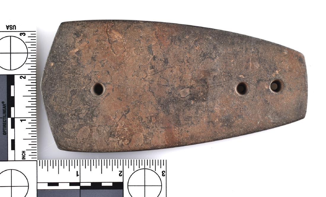 6-1/8" Three Hole Gorget: Nice example from the Late Hopewellian, Early Intrusive Mound period.. 1500-1000 BP. Slate with Ochre deposits.