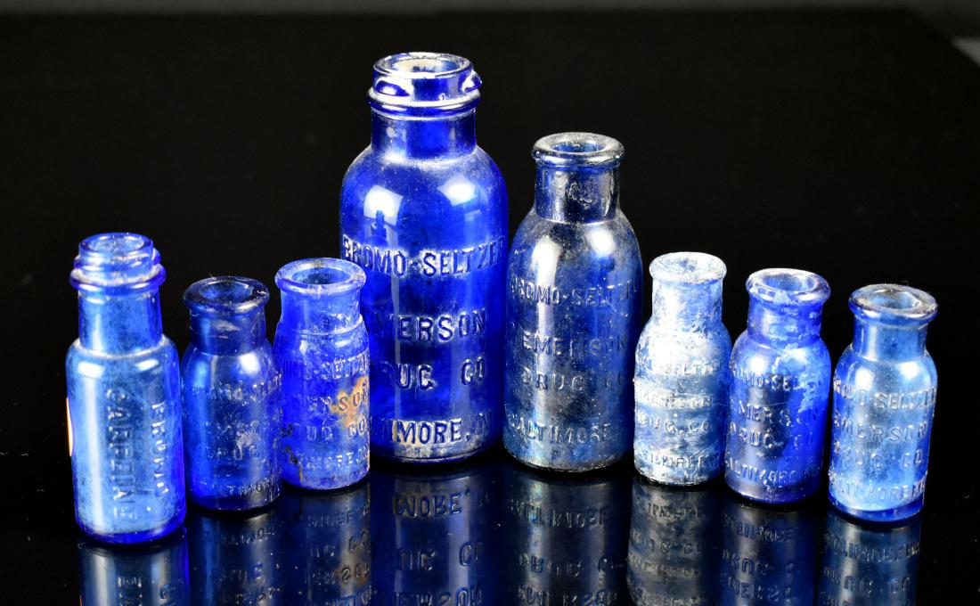 Nice lot of Bromo-Seltzers: 8 Nice Vintage Bromo-Seltzer Cobalt Blue bottles of various sizes.