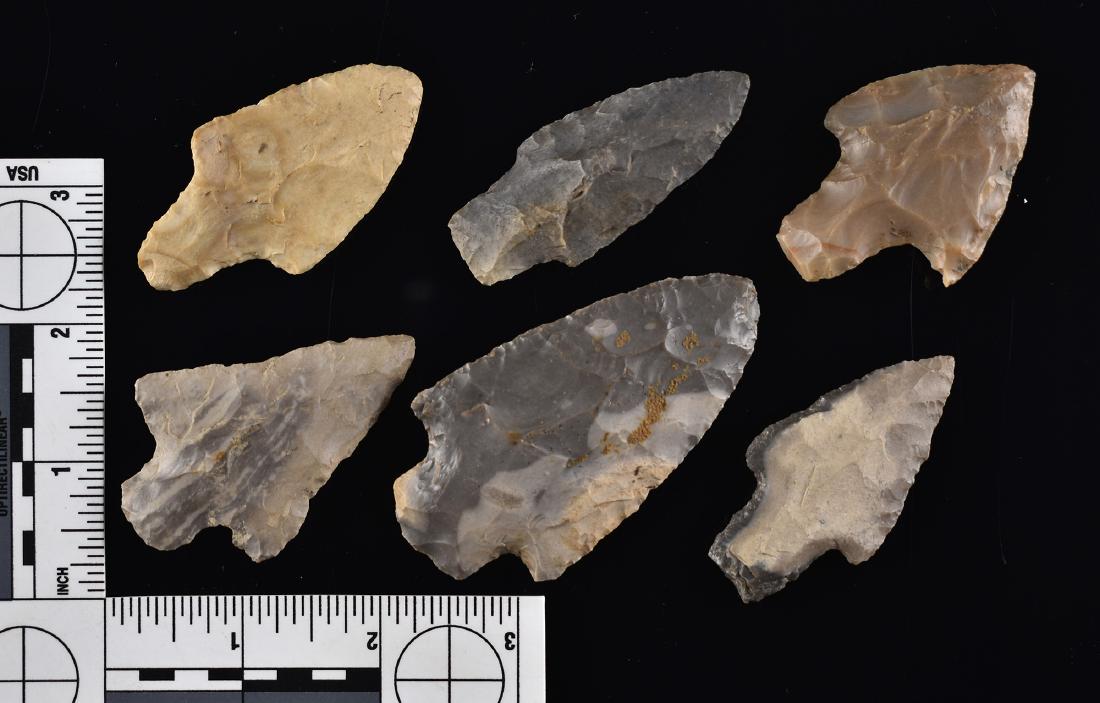 6 Adena Points: Excellent grouping of points from the Mynning Collection. Kentucky and Ohio materials present. Carter Cave, Hornstone, Fort Payne, Coshocton, Boyle flints.