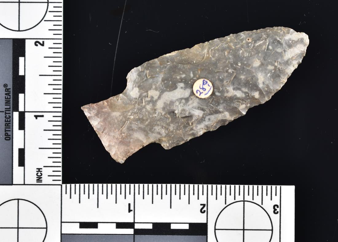 3-1/4" Stemmed Hopewell Point: Mottled Gray and Cream Flint example from Ohio.