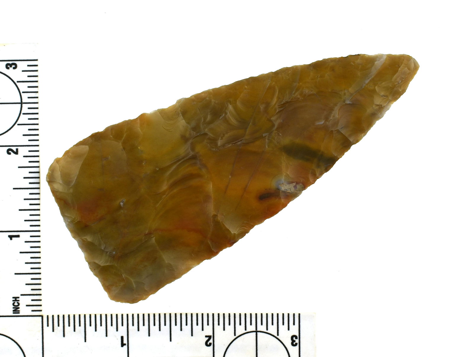 Exquisite 4 1/2" Flint Ridge Cobbs - Jackson G-10 COA: Excellent Cobbs Triangular with terrific color. Very thin and perfectly symmetrical. Found in Madison Co., Ohio. Ex- George marshall Collection. Jackson G-10 COA.