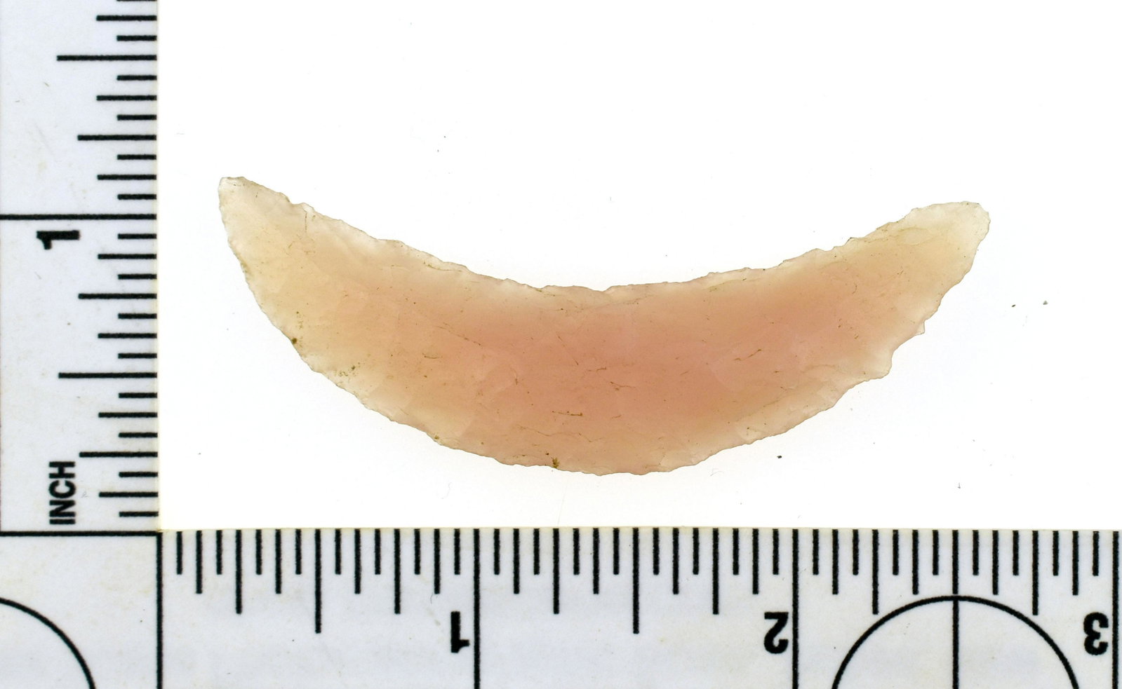 SALE HIGHLIGHT 2-7/16" Paleo Crescent: EXCEPTIONAL peach colored translucent Agate example from the Robert Beckett Ranch Collection from Lassen Co., California. Probably the best Crescent in the Beckett Collection.