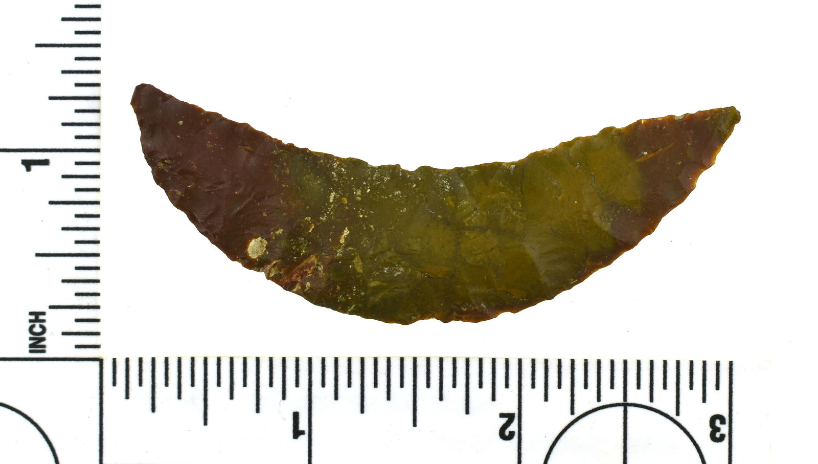 SALE HIGHLIGHT 2-7/8" Paleo Crescent: Stunning superb example in red and brown jasper from the Robert Beckett Ranch Collection from Lassen Co., California.