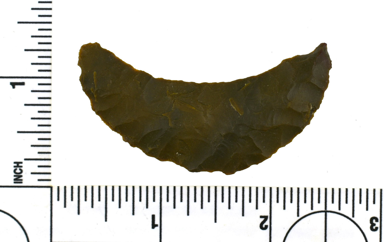 2-5/16" Paleo Crescent: Brown jasper example with excellent flaking overall from the Robert Beckett Ranch Collection from Lassen Co., California.