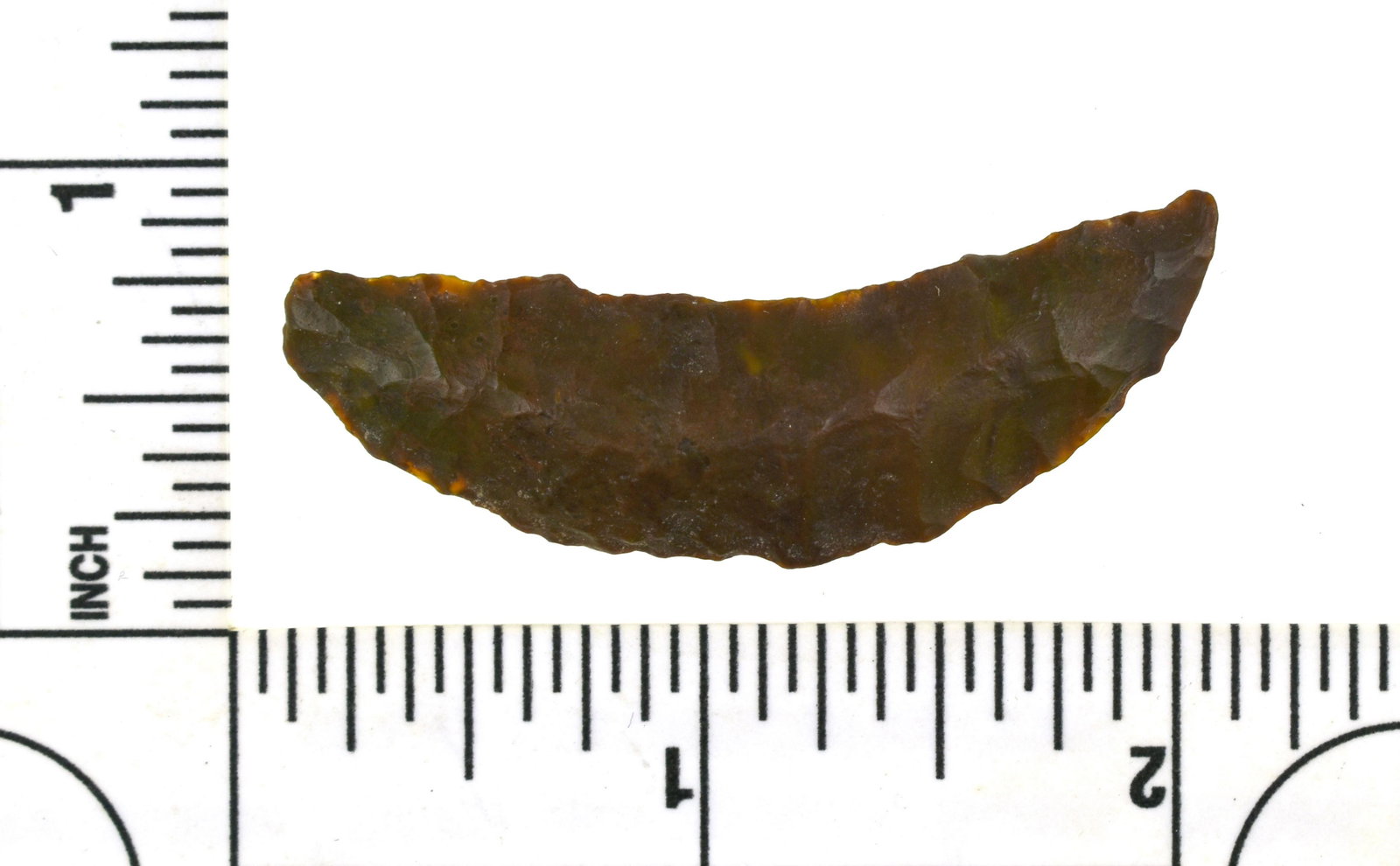 2" Paleo Crescent: Nice well made piece in green/orange jasper from the Robert Beckett Ranch Collection from Lassen Co., California.