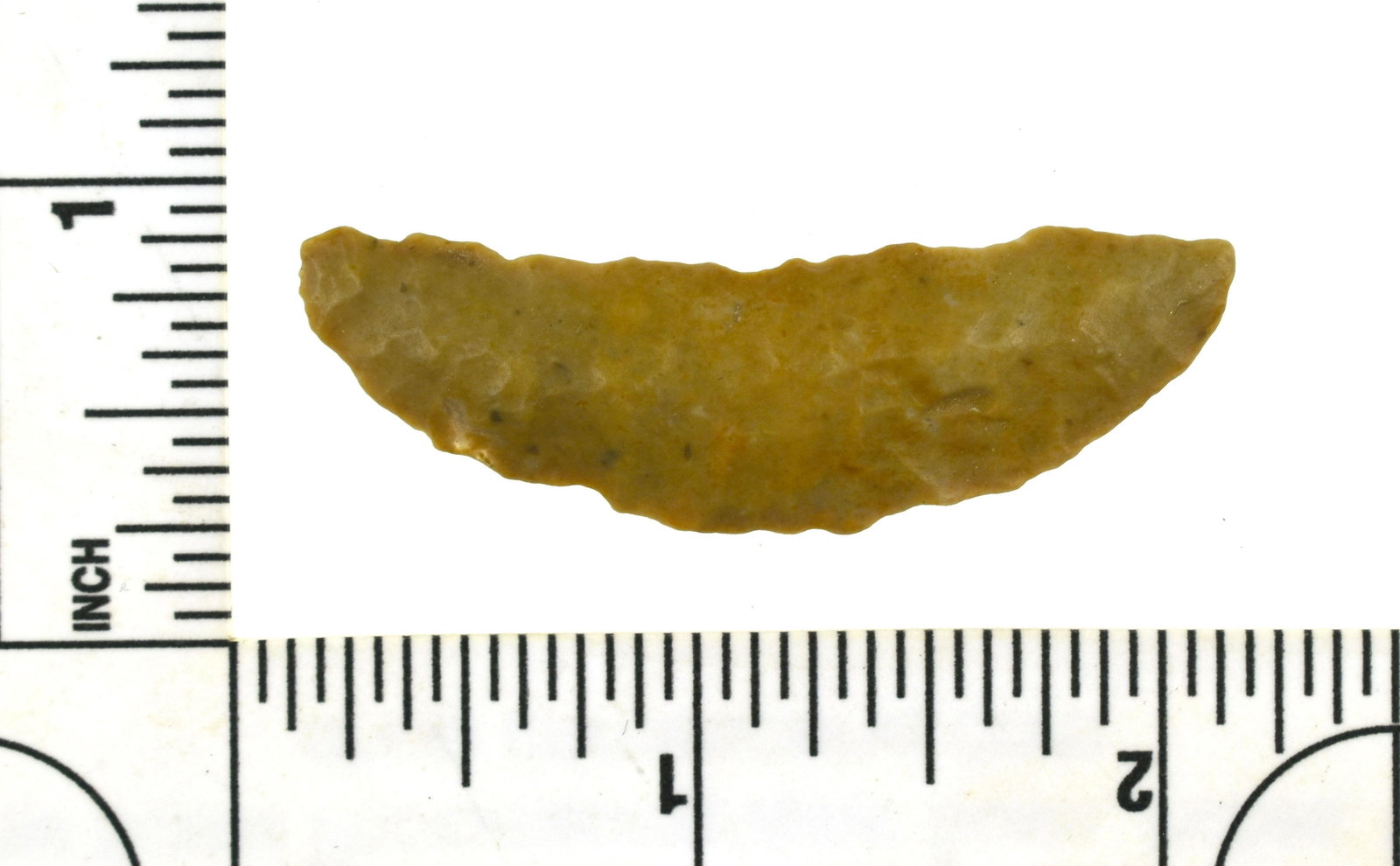 2" Paleo Crescent: Nice example in cream jasper with good wind weathering from the Robert Beckett Ranch Collection from Lassen Co., California.