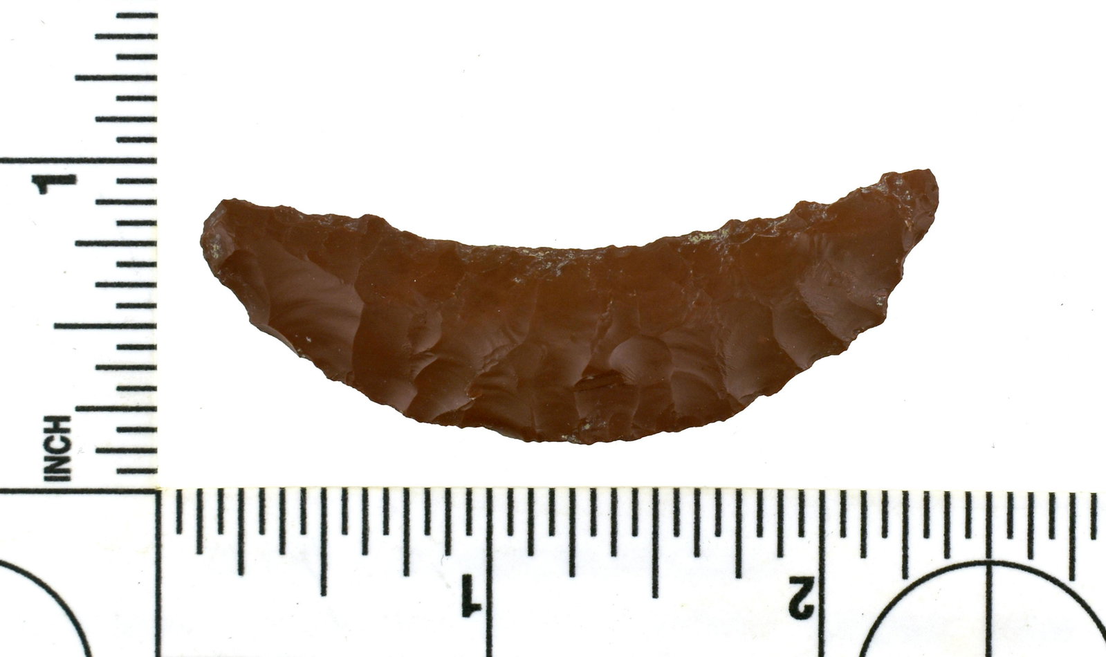 2-3/16" Paleo Crescent: Pretty red jasper example well flaked on both sides from the Robert Beckett Ranch Collection from Lassen Co., California.