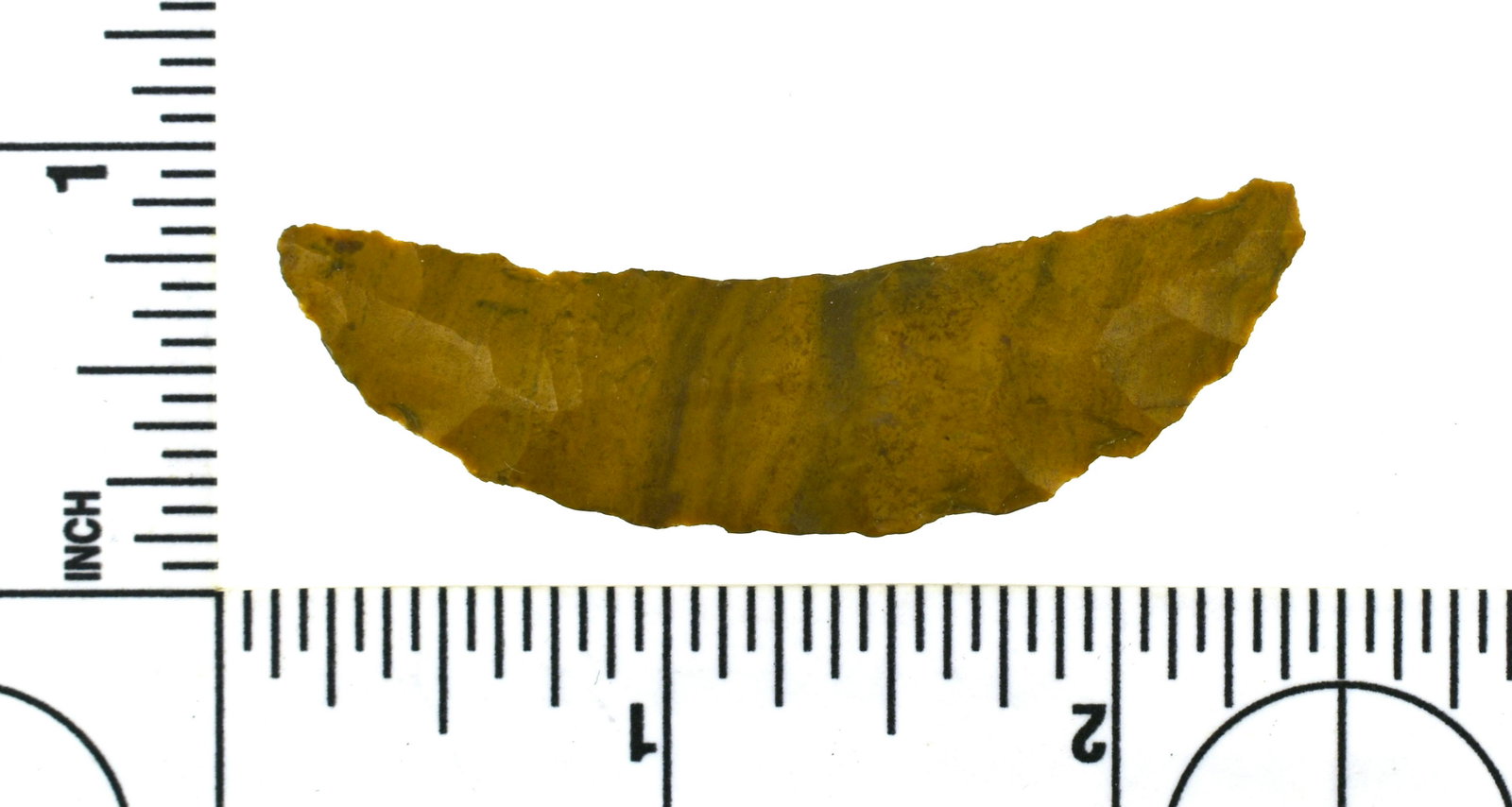 2-5/16" Paleo Crescent: Nice example in yellow jasper from the Robert Beckett Ranch Collection from Lassen Co., California. Well flaked on both sides.