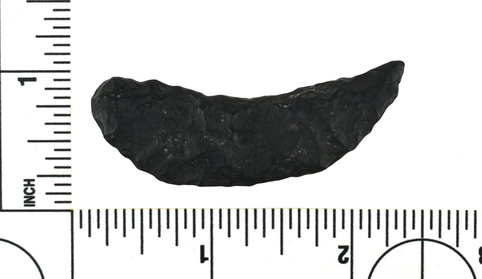 2-1/4" Paleo Crescent: Basalt example with wind/water wear from the Robert Beckett Ranch Collection from Lassen Co., California.