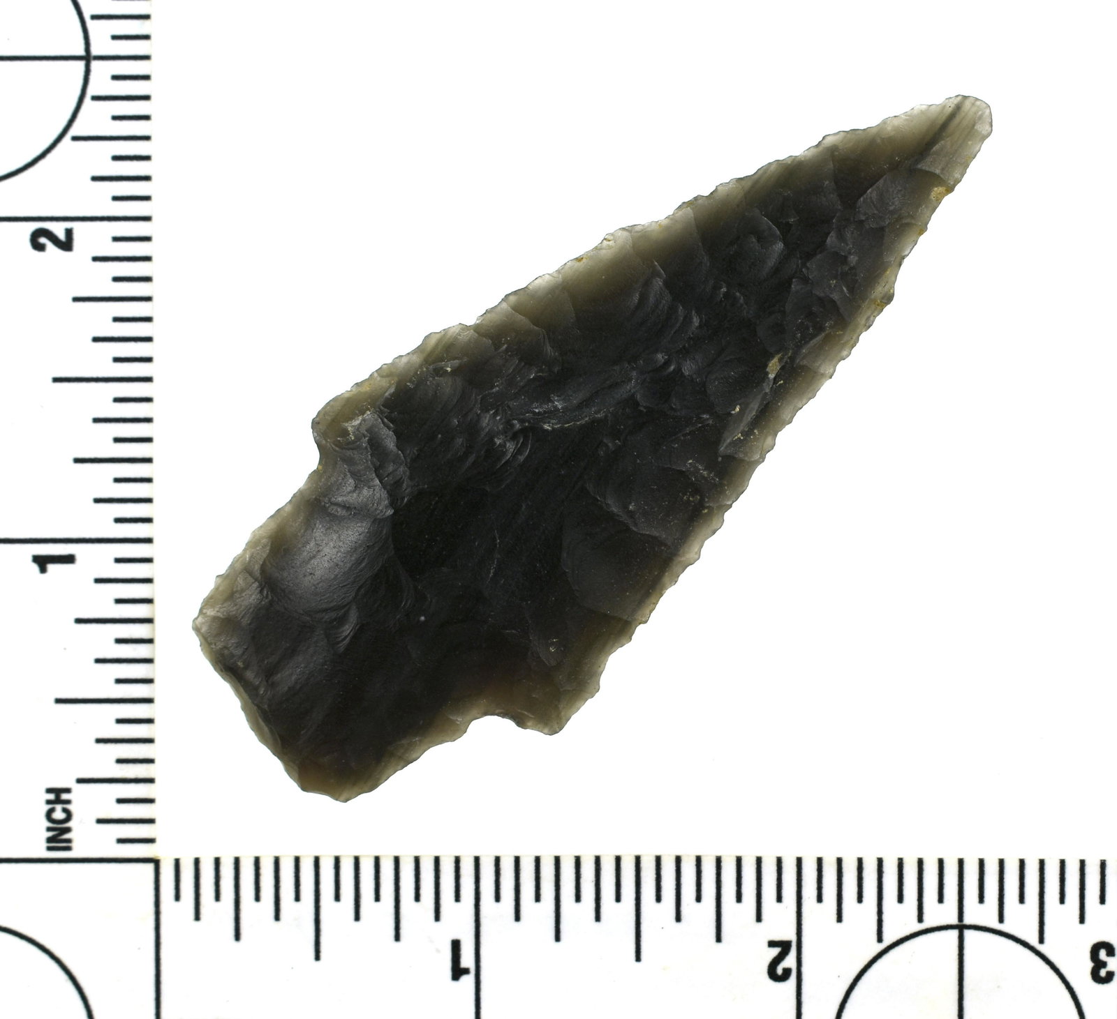 3" Western Scottsbluff: Nice example with classic Cody Complex flaking pattern. Lassen Co., California. Banded Obsidian with translucency. Ex Robert Beckett Collection.