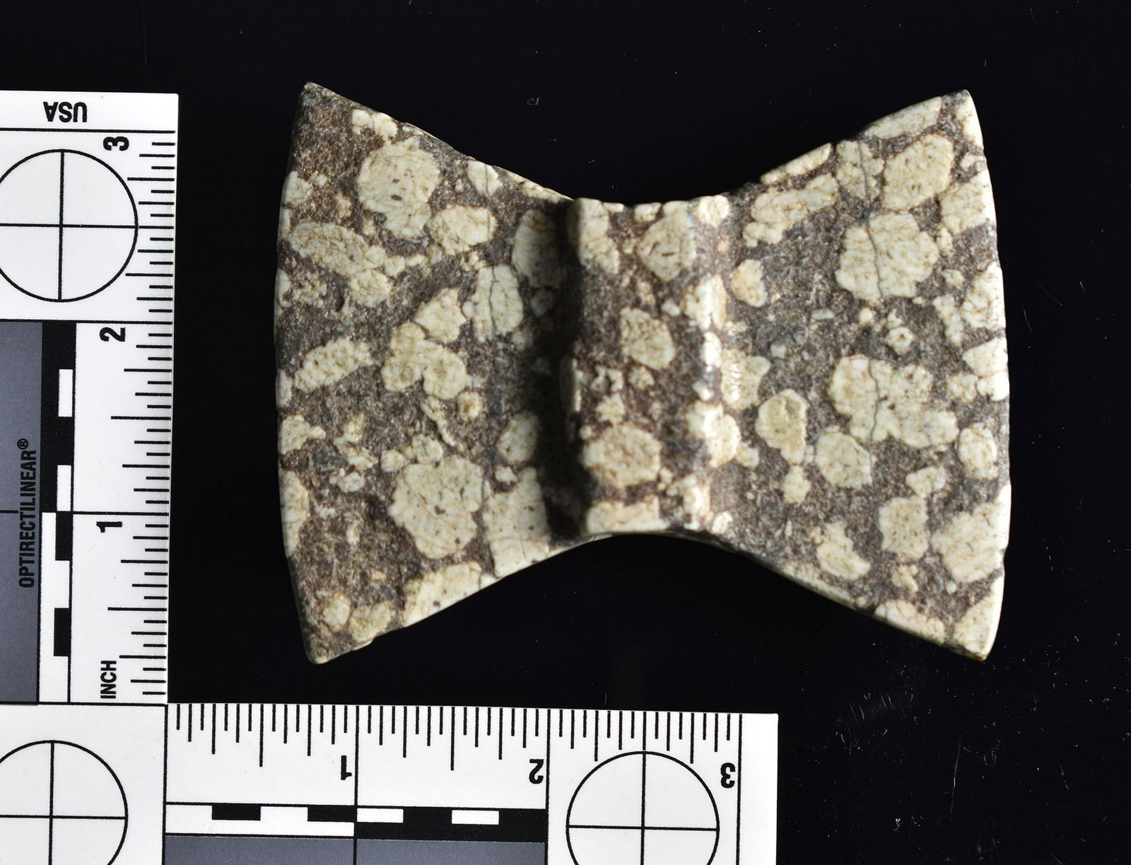 3"x3-3/4" Wisconsin Winged Bannerstone: Excellent porphyry example found by John Anderson along the Illinois River in April of 1977. Nice example with differential weathering.