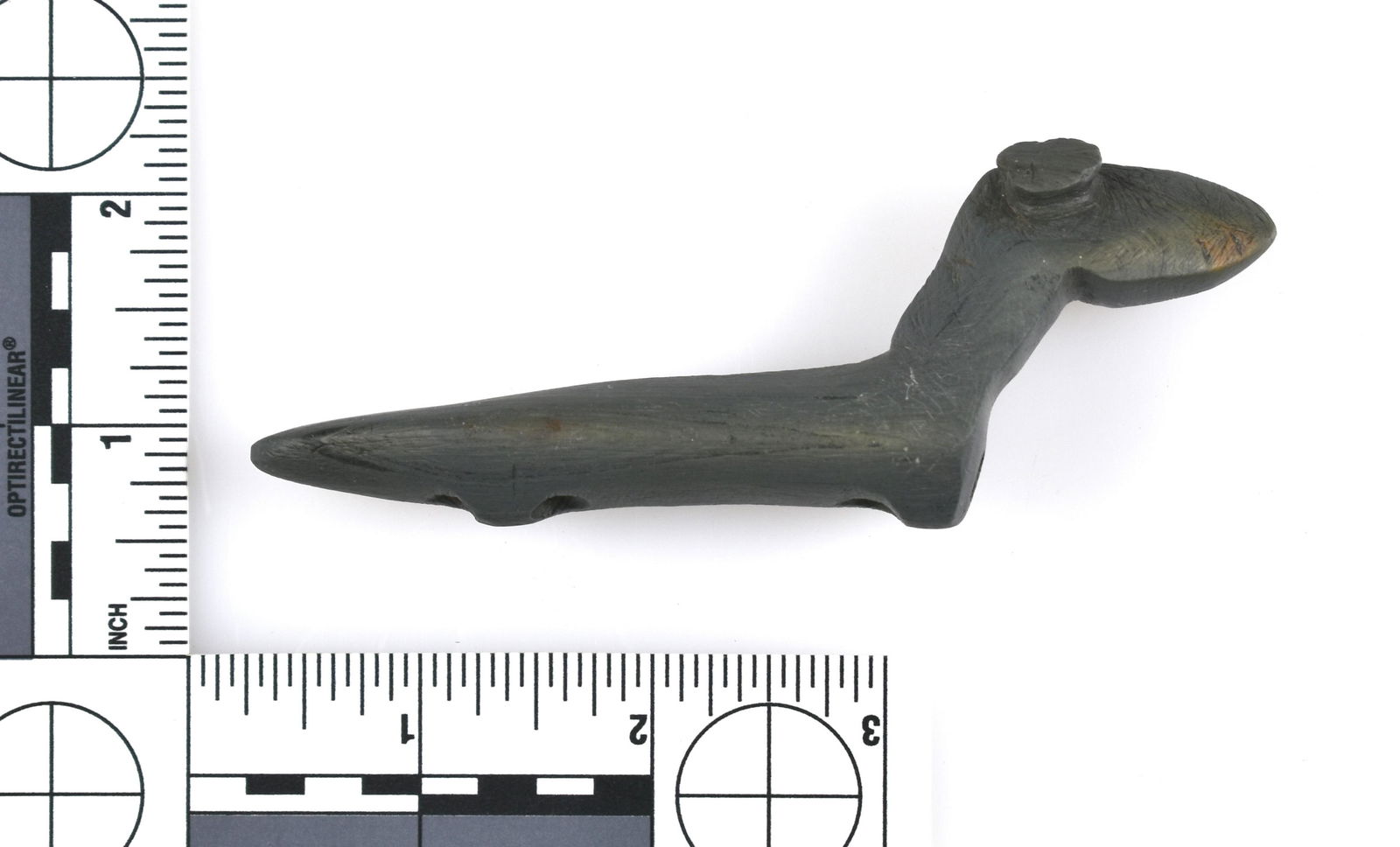 4-7/16" Popeye Birdstone - Jackson G-8 COA: Nice example from Allen Co., Ohio from the Gilbert Dilley Collection. Green Banded slate. Rare form. Jackson G-8 COA.