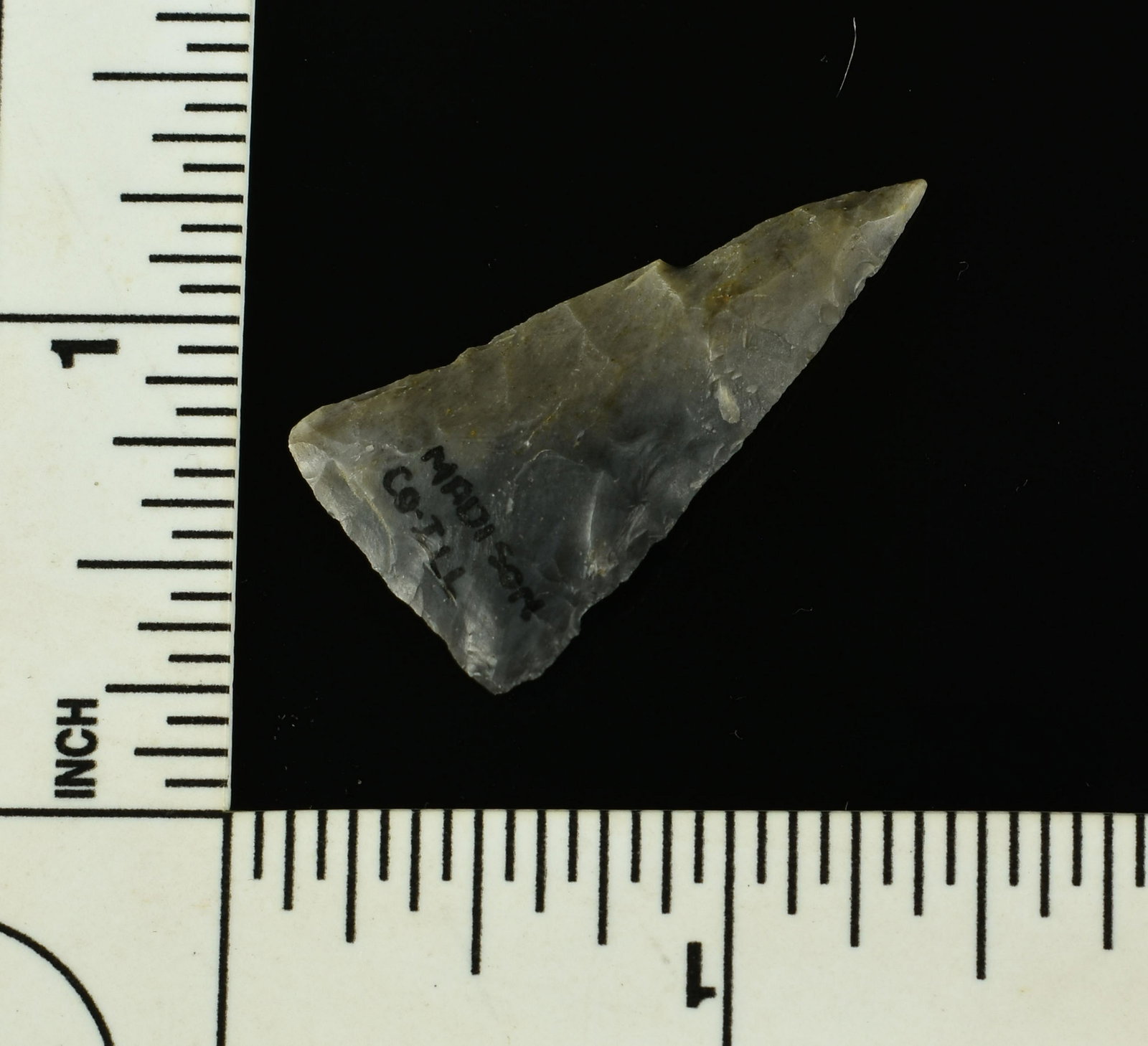 1-3/8" Cahokia: Unnotched tribute point found by Raymond Bieri in Madison Co., Illinois Gray flint - probably Cobden or hornstone.