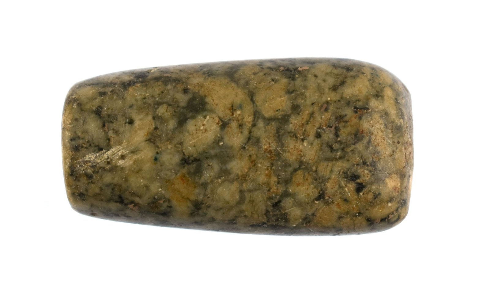 Fine 1 13/16" Mayan Jade Bead: Pre-Columbian. Mayan Territories, Classic Period, ca. A.D. 250-900. Speckled green Jade polished over its entirety. Double drilled on ends and bottom for suspension. Weighs 32 grams.