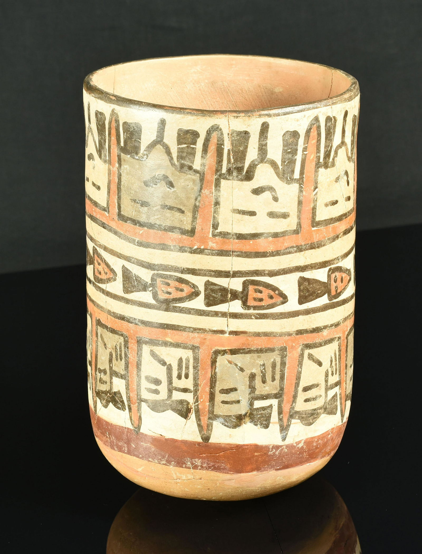 7.5x4.5" Nazca Beaker Head Pot/Cup *Restored: Excellent polychrome paint on this restored pot from Peru. Ex Dorn Collection. Less than 5% fill, mostly glue-repair with minor in-painting over cracks. Excellent display example at a discount over so