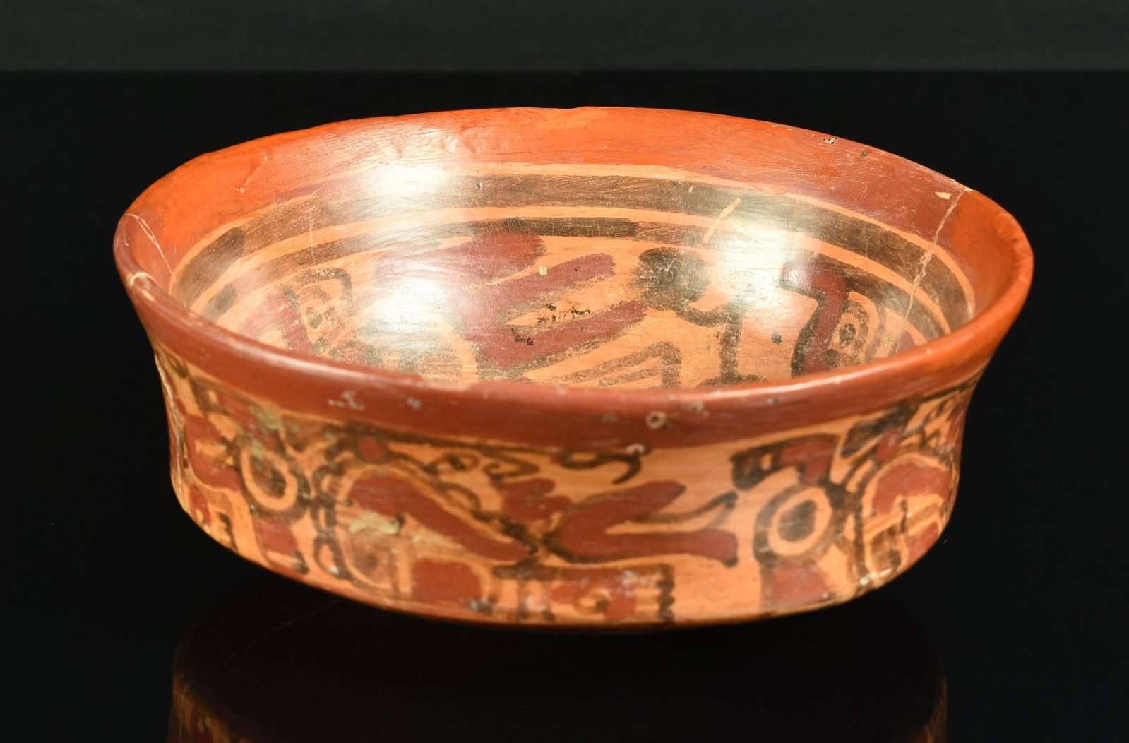 6.5x2.5" Mayan Polychrome Copador - Turkeys and Scribes: Minor rim restoration along with repair. Ex Dorn Collection. Correct mineralization. Excellent display bowl. Ca. 550-900 CE