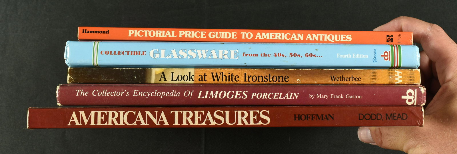 5 Antique and Collectibles Guides: Pictorial Price Guide to American Antiques; Collectible Glassware from the 40's, 50's, 60's; A Look at White Ironstone; The Collector's Encyclopedia of Limoges Porcelain; American Treasures;.