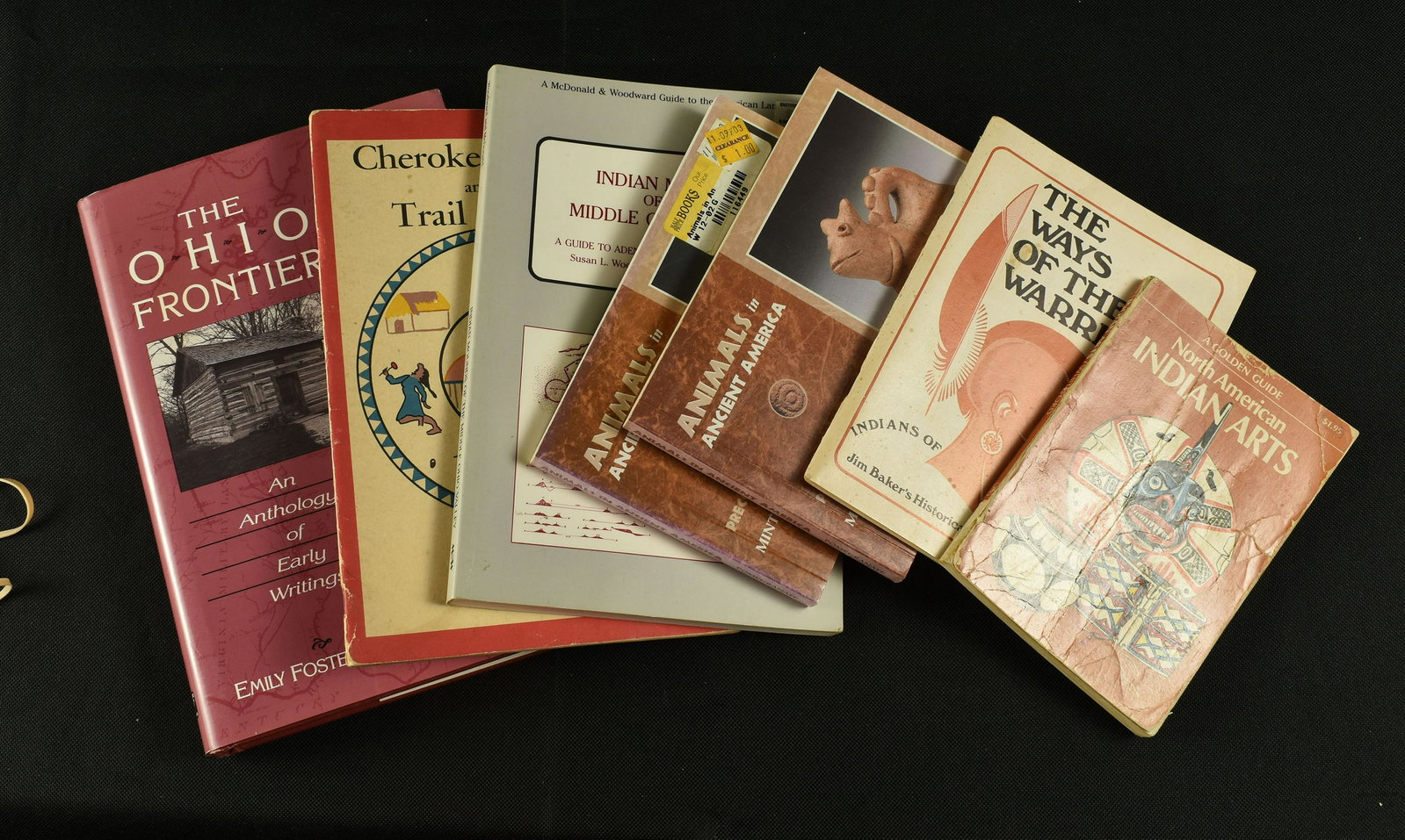 7 Archaeological Books: The Ohio Frontier - Emily Foster; Cherokee Legend and the Trail of Tears - Amanda Crowe; Indian Mounds of the Middle Ohio Valley - Woodward & McDonald; Animals in Ancient America - Pomegranate; Th