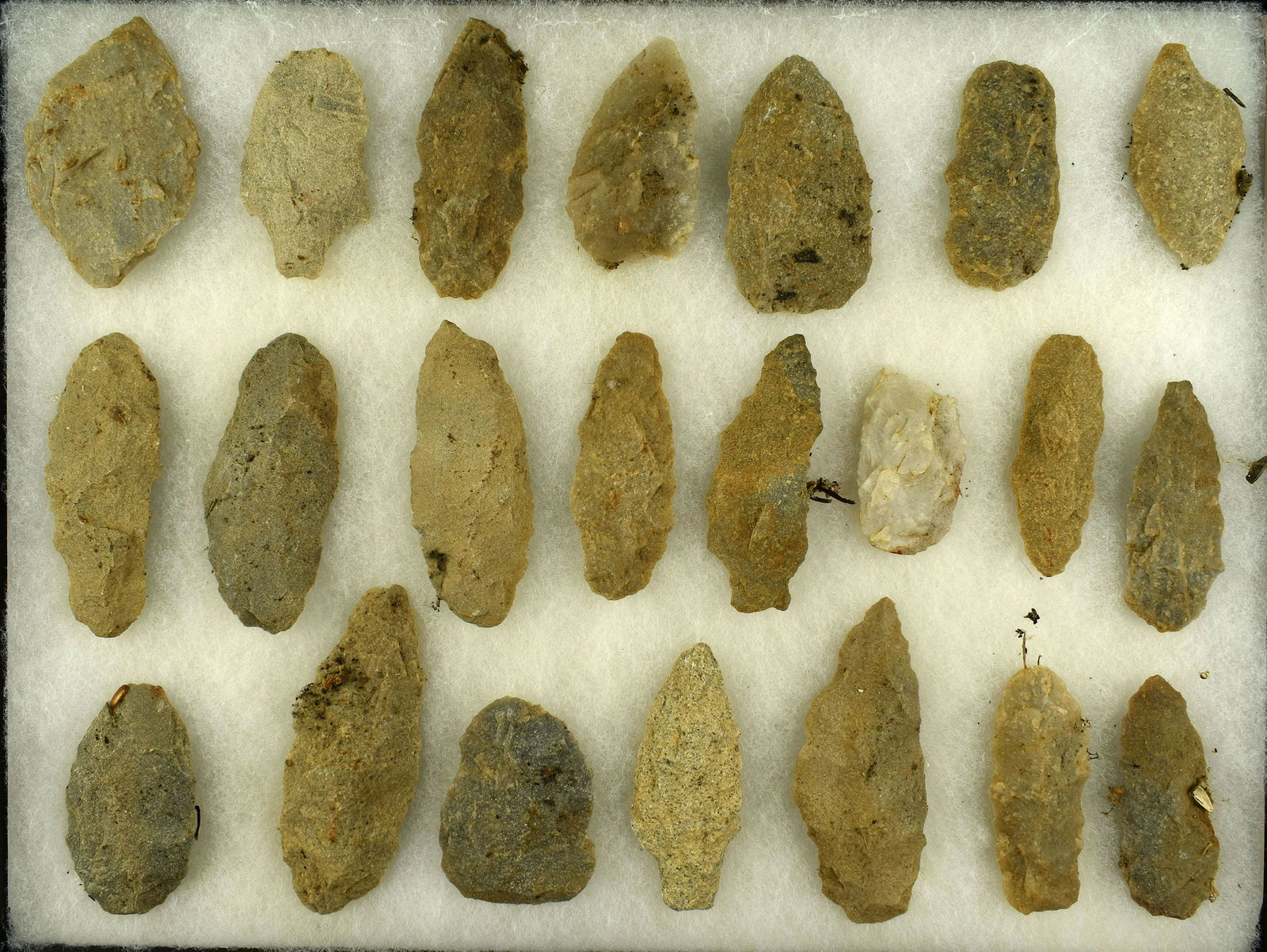 22 Virginia/Carolina Quartzite Points: All from the Cowan Hood estate collection. Variety of colors and sizes - most around 3" +/-. Frame not included.