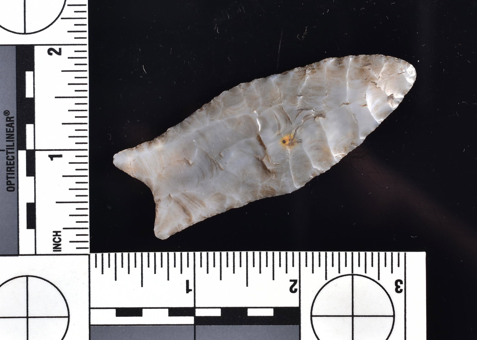 Killer 3" Flint Ridge Chalcedony Clovis - Two G-10: Auction Highlight!!! Awesome highly translucent champagne colored Flint Ridge Chalcedony Clovis with deep flutes 40 and 50% side to side. Classic example of an extremely rare 'waisted variety' form. C