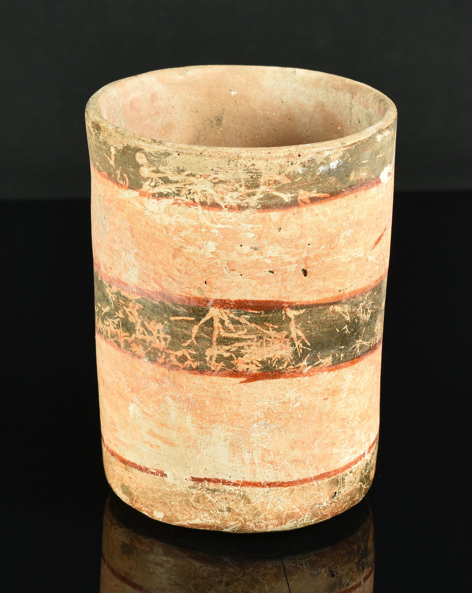 5.5x4.125" Mayan Banded Polychrome Cylinder: Nice brown/red/cream banding on this example from Central America. Ex Dorn Collection. Solid with no restoration.
