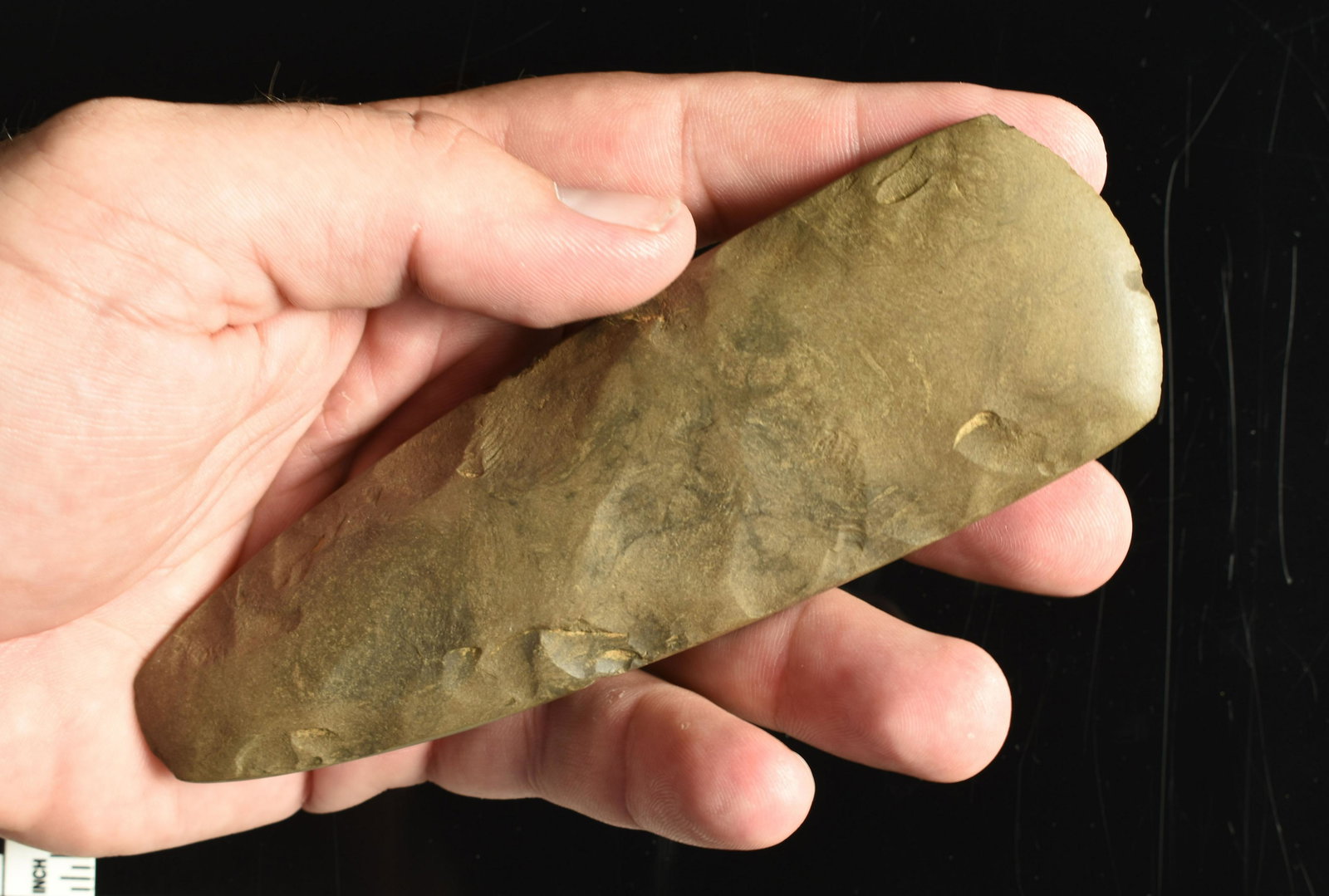 5-11/16" Flint Celt: Heavily polished example with a dual blade! Celt on one end, a chisel on the other! Excellent. Dover Chert. Ex Coyle Collection. Kentucky.