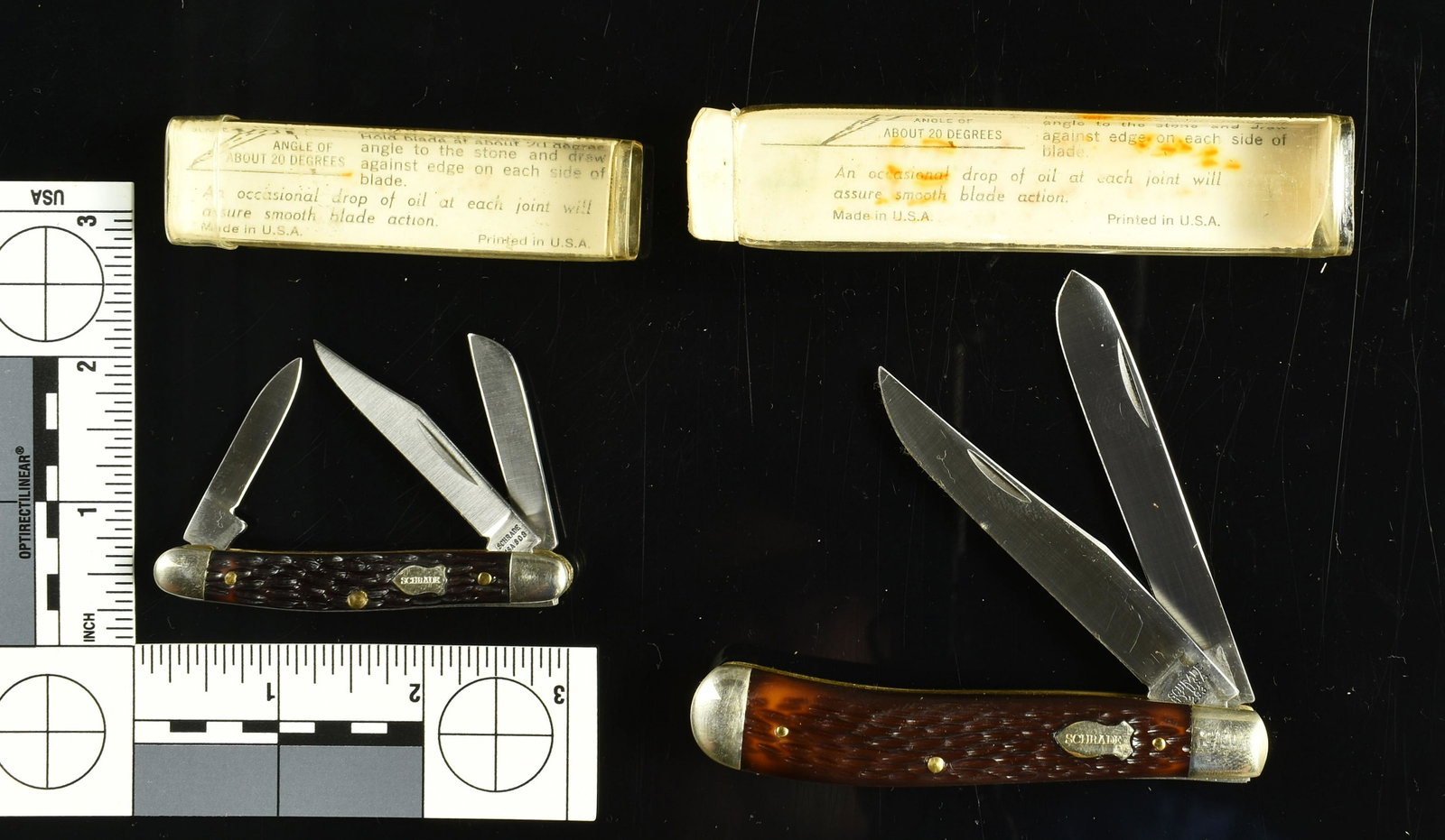 Pair of Vintage Schrade Pocketknives 293/808: Pair of nice new in original packaging vintage pocketknives. Models 293 'Trapper' and 808 'Stockman'