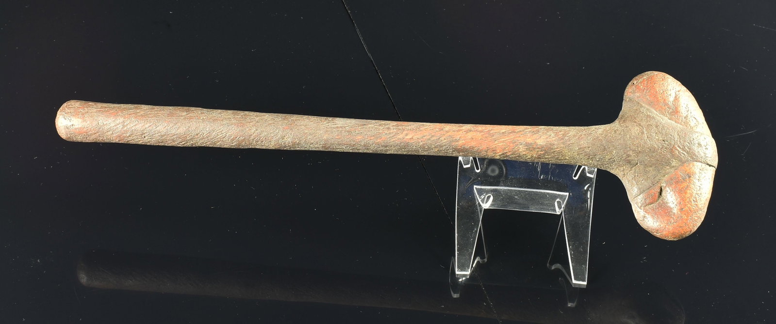 19" Plains-Style Club: Decorative only - Age undetermined. Stone head with leather wrapped wooden handle.