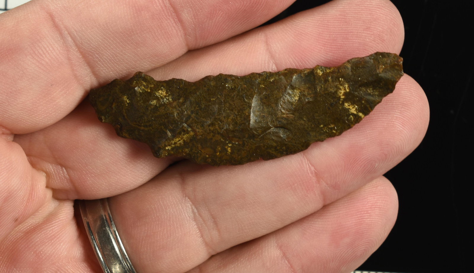 2-7/16" Serrated Paleo Crescent: Nice piece in deep brown jasper. Lassen Co., California. Ex Robert Beckett Collection.