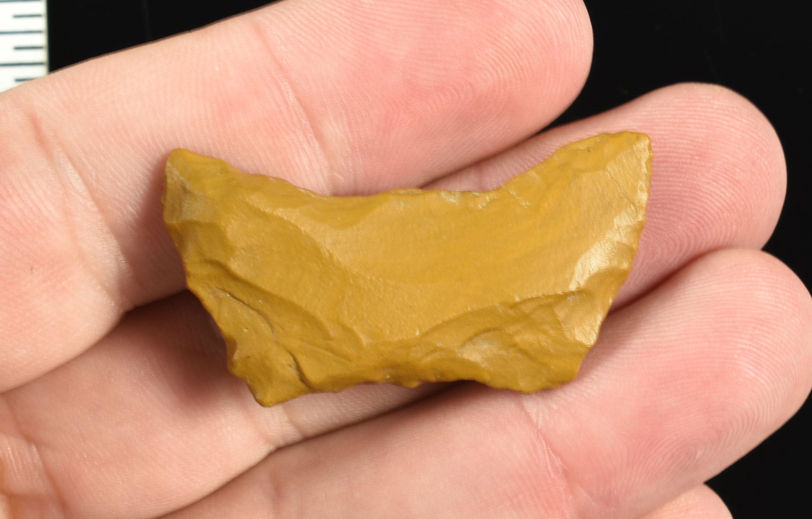1-3/4" Paleo Butterfly Crescent: Pretty yellow Jasper piece. Mildly uniface with edgework. Lassen Co., California. Ex Robert Beckett Collection.