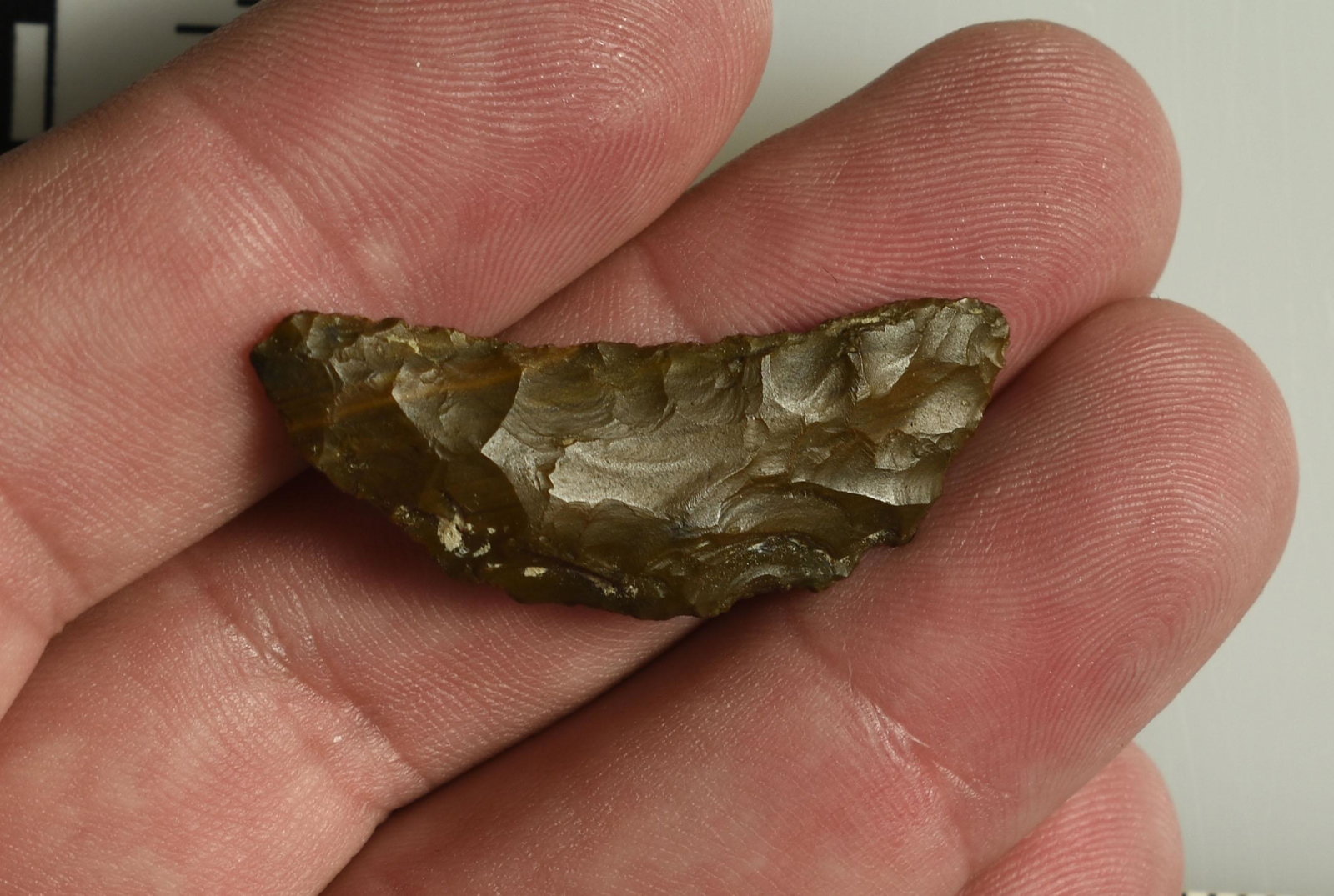 1-7/16" Paleo Crescent: Well flaked both sides. Brown banded jasper or petrified wood. Nice! Lassen Co., California. Ex Robert Beckett Collection.