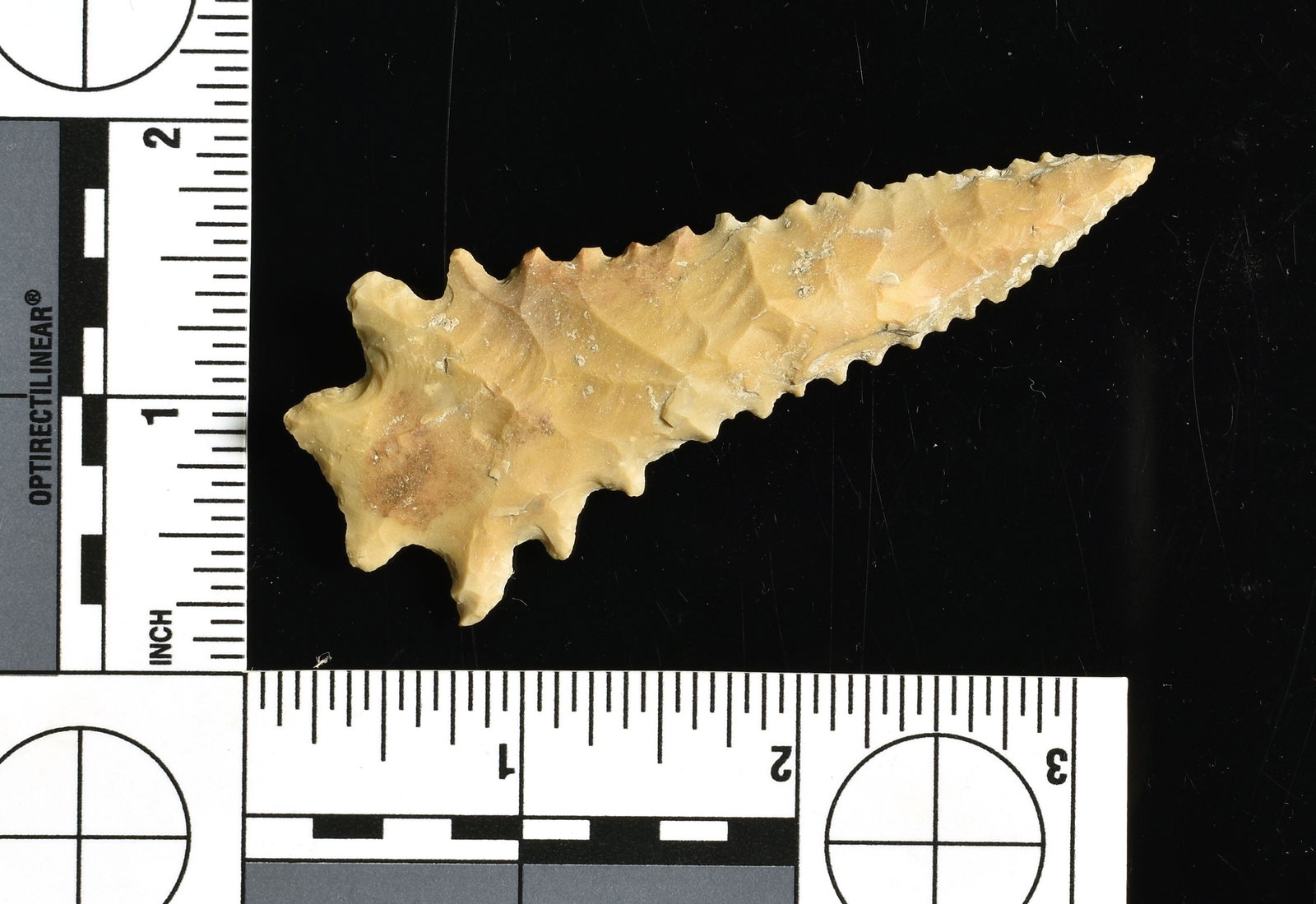 3-5/16" Kirk Serrated - Jackson COA: Camden Chert example with amazing serrations. Stewart Co., Tennessee. Ex Swarey Collection.
