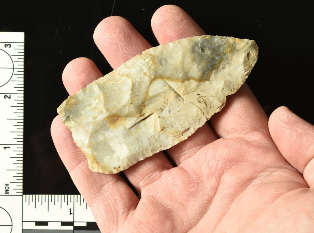 Exceptional 3 7/8" Clovis Preform Knife: Set up to strike flutes. Very large 1 3/4" wide and pretty. Dropped broken and glued after owner found it. Too bad. Still awesome. Found in Bath Co., Kentucky. Ex- 'Pop' Williams Collection.