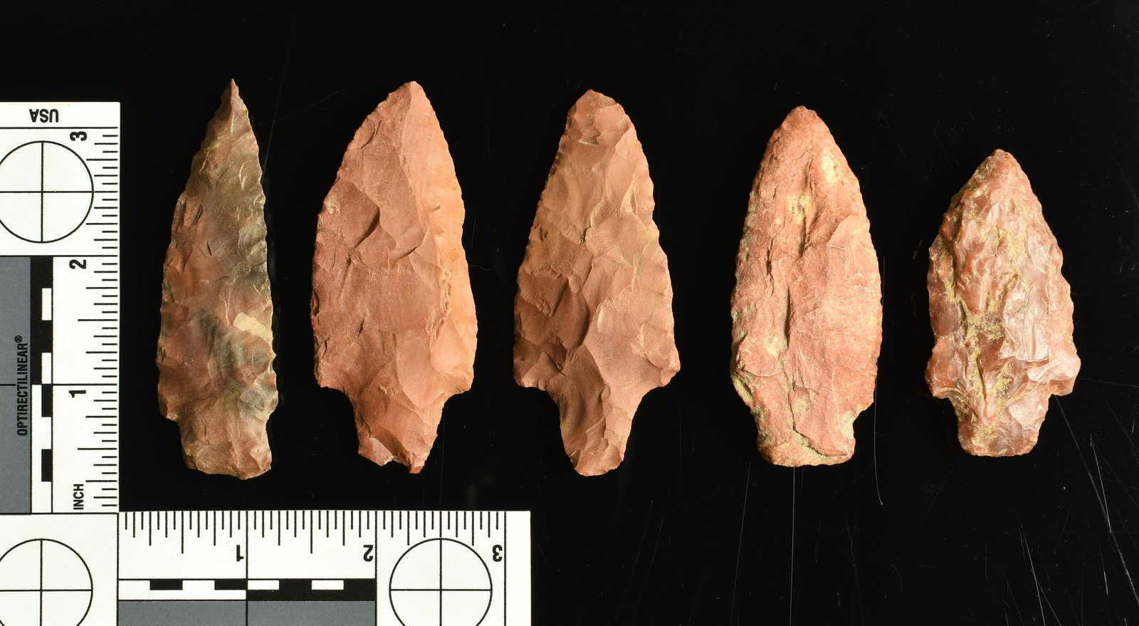 5 Large Tennessee Arrowheads: Largest is 3 1/8" long with a needle tip. Mostly Adenas. Most made of Tennessee or Mississippi Jasper. All from Central and Western Tennessee. One is red novaculite. All display beautifully. Grea