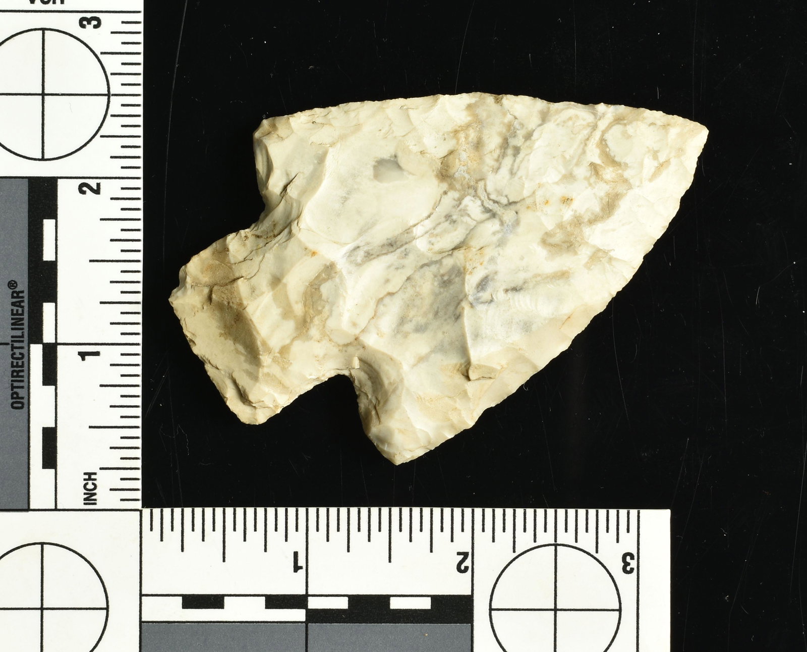 3-3/8" Etley: Nice example with large wide blade and asymetric notches. Mozarkite material!