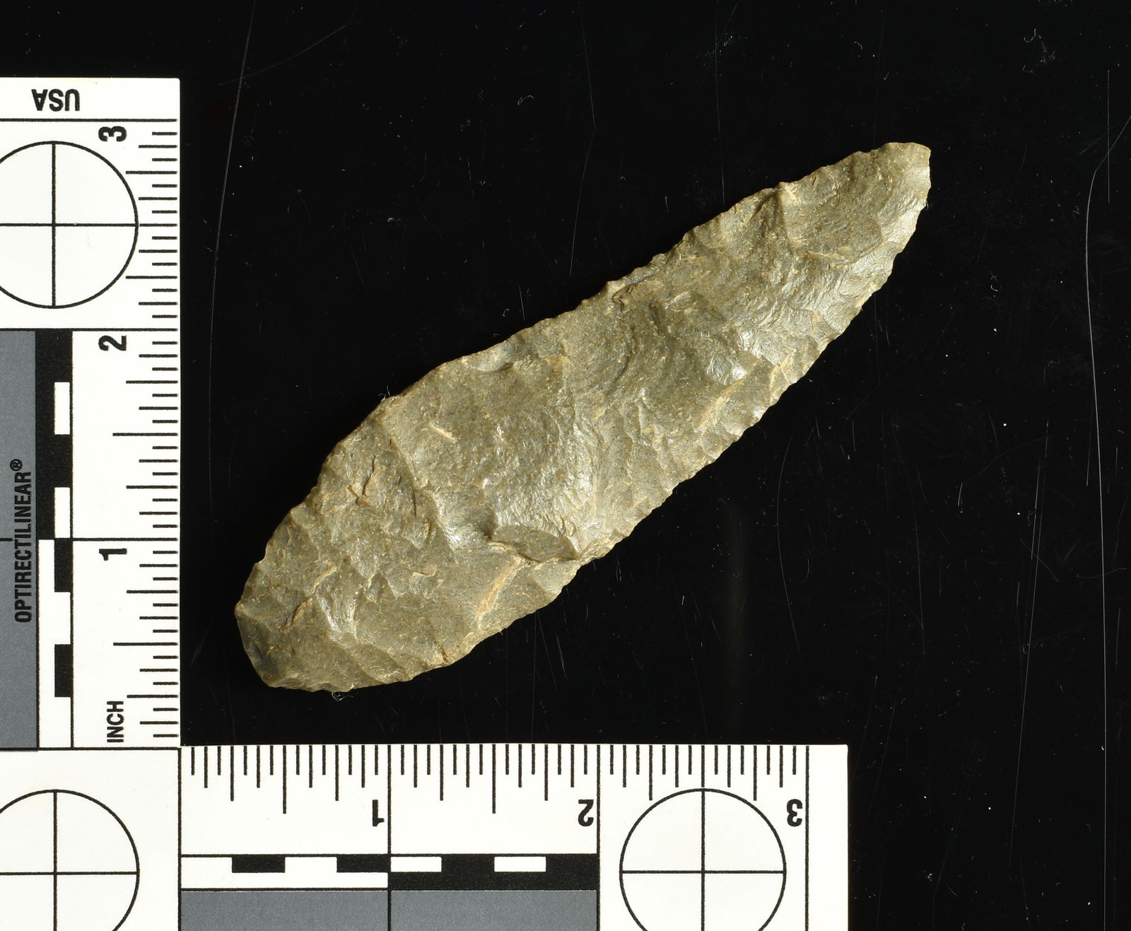 4-1/8" 4-bevel Knife: Found by Paul Reed in Fentress Co., Tennessee. Ex Swarey Collection. High grade gray Fossil Chert.