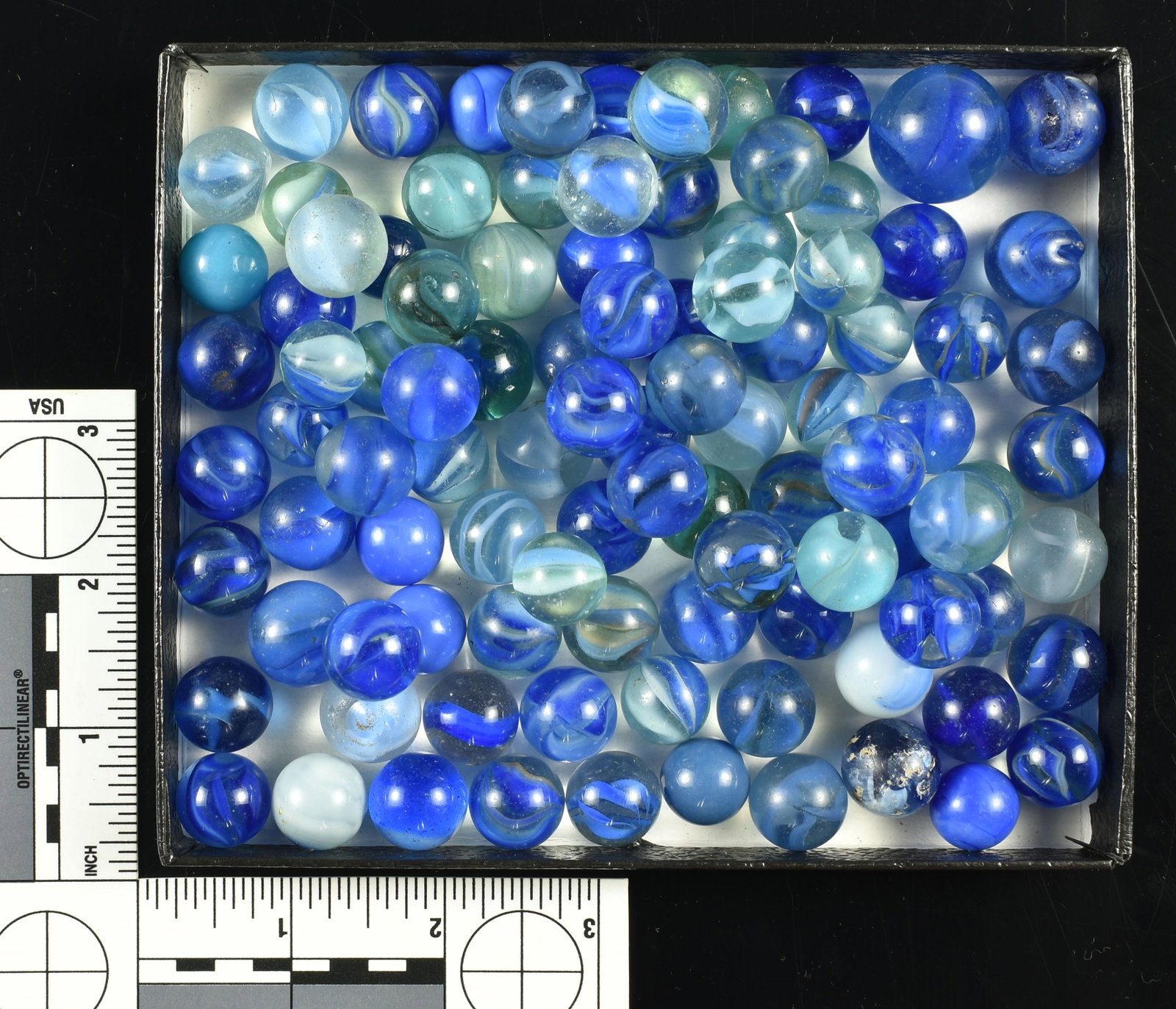 Large Mixed Lot of Vintage Marbles: Blue Cat's Eyes, Swirls, and others in this large lot.